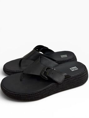 FitFlop F-Mode Leather Espadrille Flatform Toe Post Sandals Black US 9 Comfort